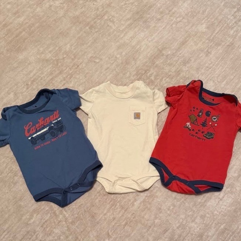 Carhartt Baby Boys 6M Bodysuits Bundle Set of 3 Blue Red Cream Pocket Graphic